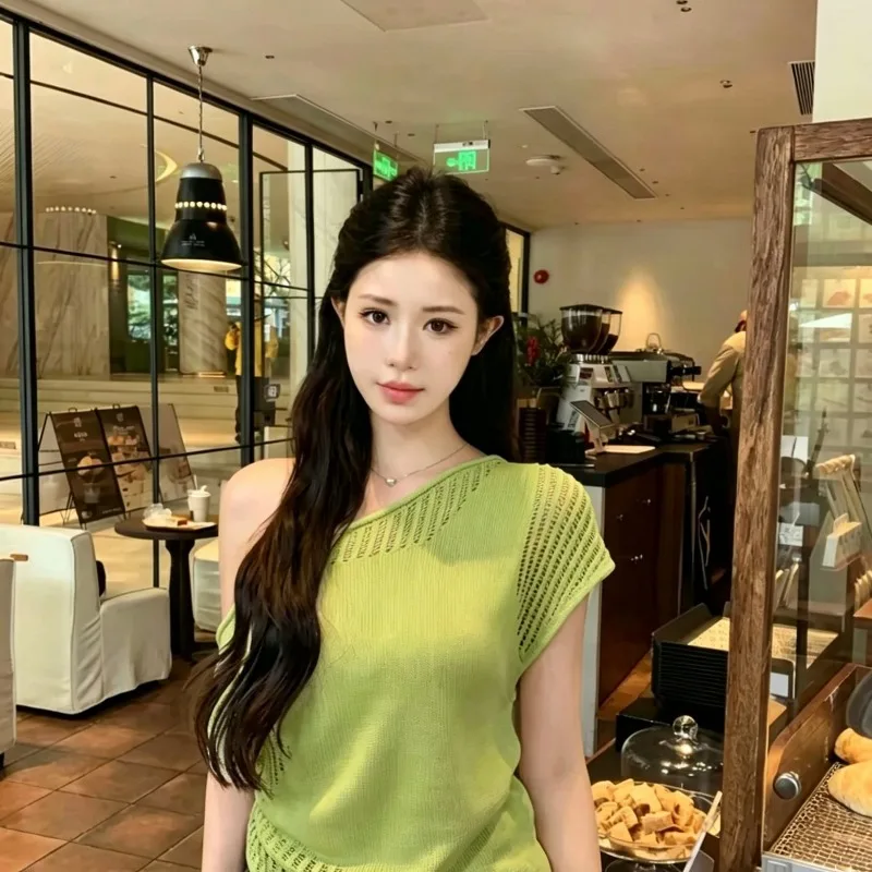 Women Clothing Summer Korean Fashion Hollow Out Knitting Solid Color Diagonal Collar Female Short Sleeve All-match Slim Cardiga