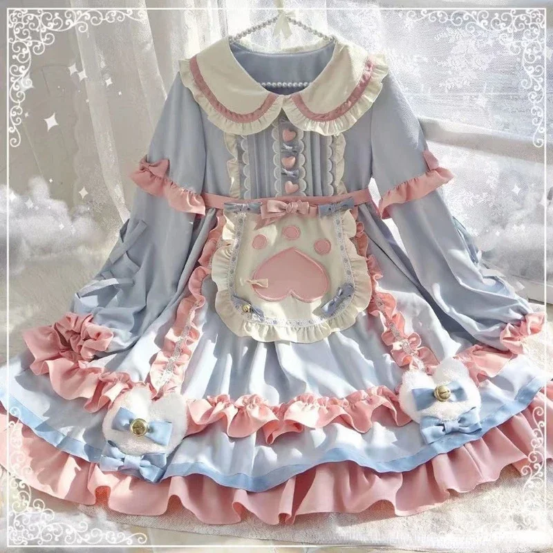 

2025 Princess Dresses Peter Pan Collar Puff Sleeve Bow Ruffles Patchwork Dress Cosplay Costume Lolita Sweet Kawaii Girl QWE2025