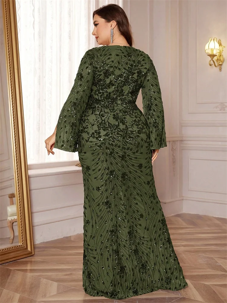 Lucyinlove Plus Größe Luxus Schwarz Abendkleider Frauen Schlitz Langarm Meerjungfrau Formale Pailletten Hochzeit Party Cocktail Kleider – Detail 22