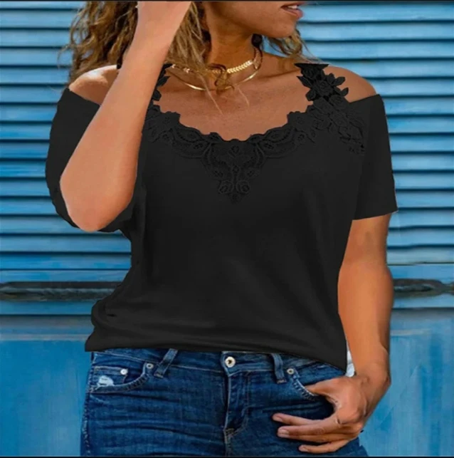 Summer Short Sleeve Sexy Lace Shirt Women New Fashion Casual V Neck Loose T Shirt Ladies Hollow Sling Elegant Pullover Tops