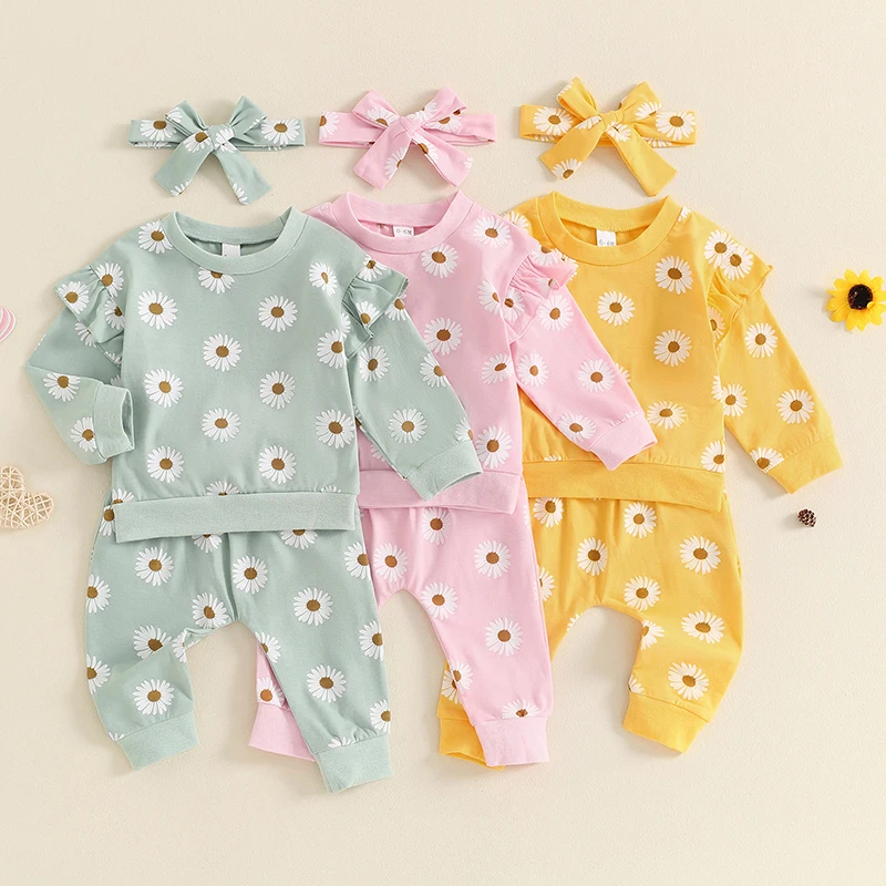 

Newborn Infant Baby Girls Fall Outfits Daisy Print Crew Neck Long Sleeve Sweatshirts Long Pants Headband 3Pcs Clothes Set