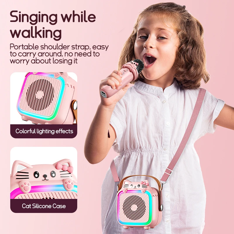 RIVGOT Draagbare karaokemachine Draadloos microfoonsysteem Bluetooth-luidspreker met lichte familiezangmachine voor kindercadeaus