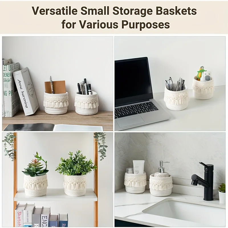 1pc Handcrafted Boho Chic Makeup Brush Holder,Dual-Tone Woven Cosmetic Storage Basket with Tassel Detail, Lightweight