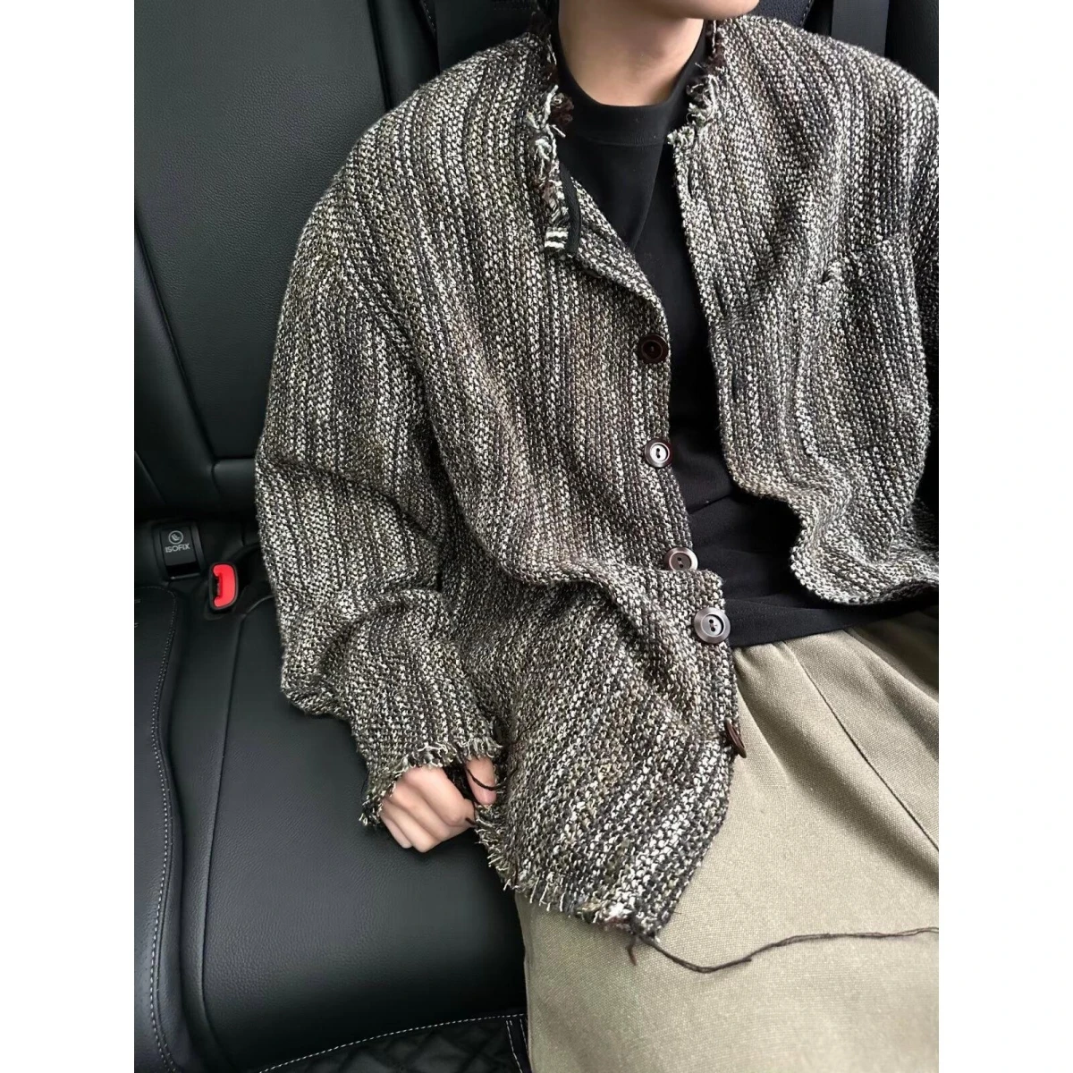

Retro Japanese Harajuku Sle Men's Jaet Couple Matching Knit Frayed Collarl Coat Autumn Winter Stand Fit Long Sve
