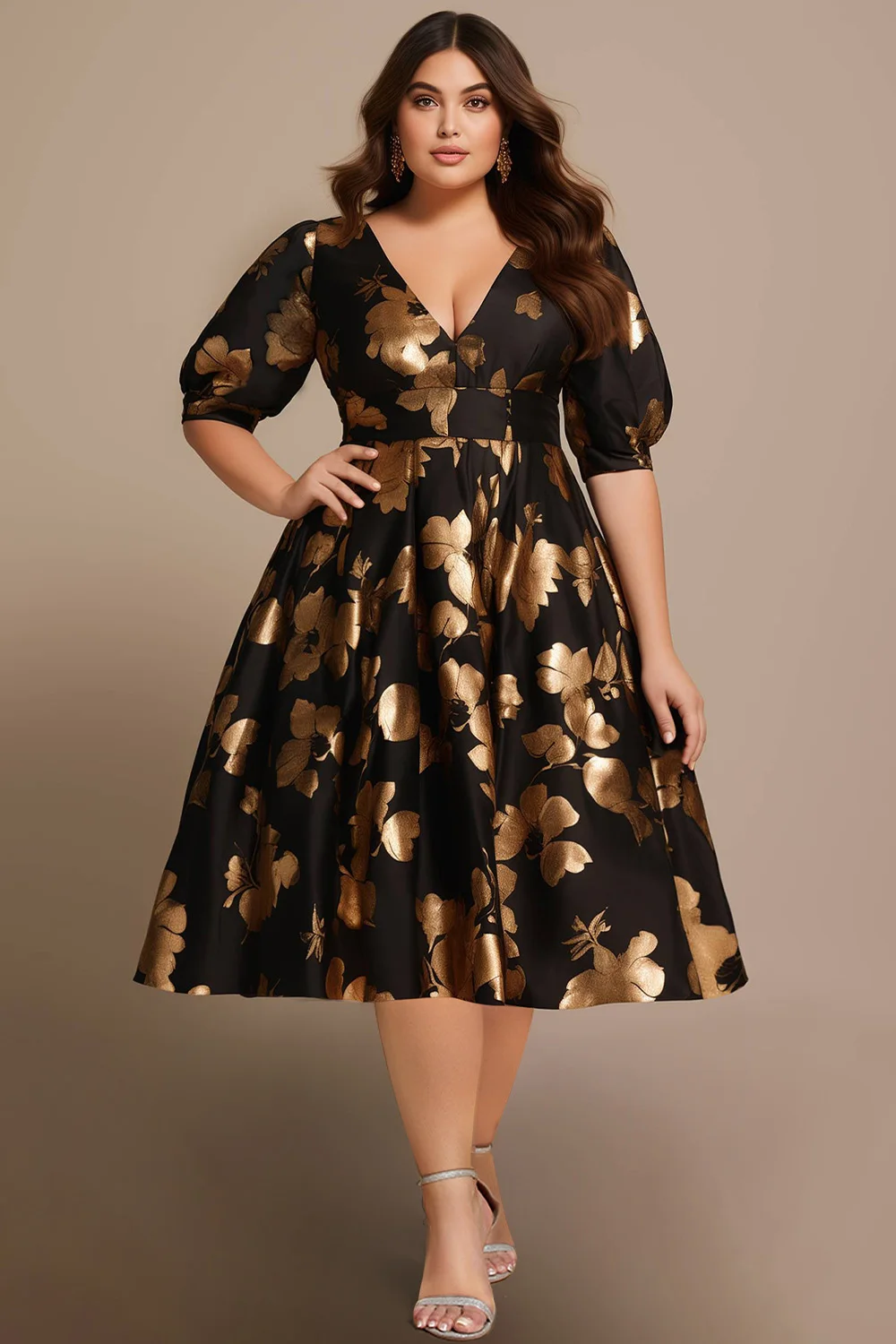 

Flycurvy Plus Size Cocktail Gold Floral Print Puff Sleeve Empire Waist Tea-Length Dress