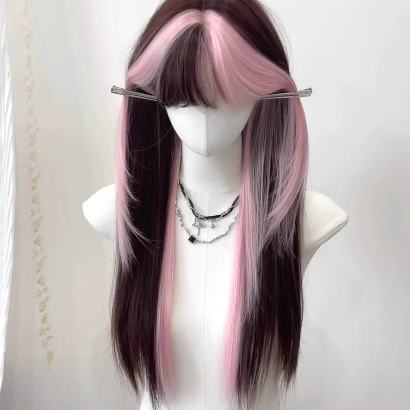 Peluca larga y recta para mujer con mechas rosadas, sintética, extensión, estilo Jirai Kei, para cosplay de Draculaura 4
