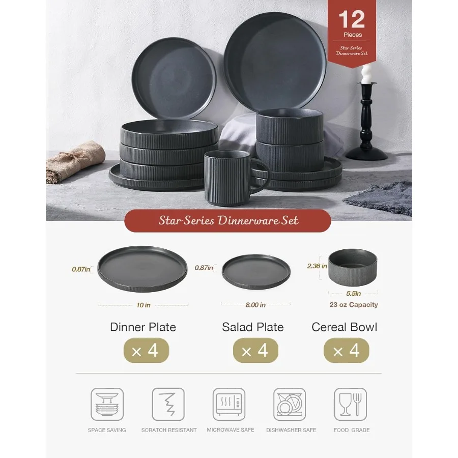 Star Dinnerware Sets Plates and Bowls Set for 4 12 Pieces Ribbed Dishes Chip and Scratch Resistant Microwave and Dishwasher Saf