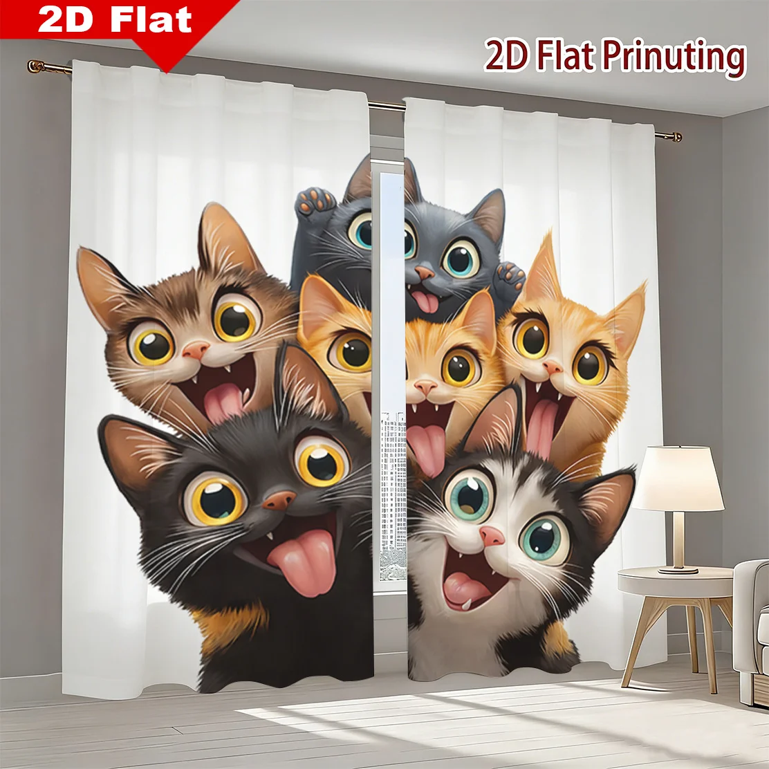 Adorable Cartoon Cat Print Curtains Window Drapes Funny Animal Design Room Decor Blinds Shades Pet Lover Nursery Home Decoration