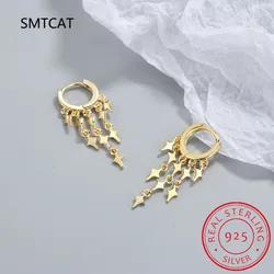 Real 925 Sterling Silver Lightning Star Long Tassel Hoop Earrings For Women Mother's Day Jewelry Creole Huggies DA3139