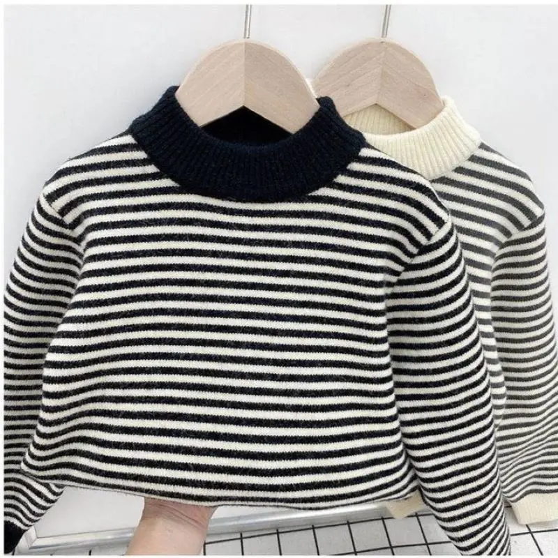 2 Colors Winter Children Fleece Lined Warm Sweater Kids Knitted Thicken Pullover Garment Stripes Korean Boys Sweater 4-10Y