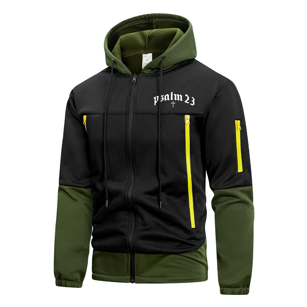Men's Thick Zip Up Jacket With Gothic Text And Cross Print Warm Autumn Winter Coat With Multiple Pockets Suitable Daily Commute