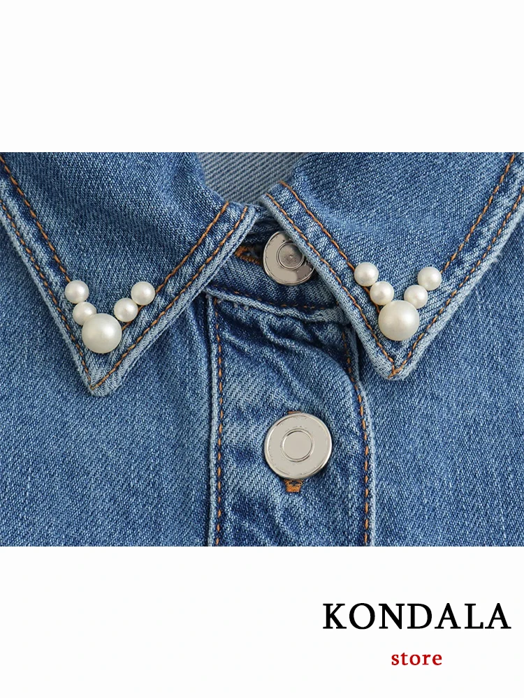 KONDALA New Chic Solid Blue Denim Women Oversized Shirt Fashion 2023 Autumn Casual 3D Jewel Long Sleeve Streetwear Button Blouse