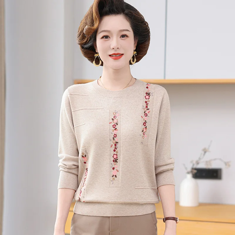 Autumn Winter Pollovers Women Bottoming Top Commuting O Neck Versatile Middle Aged Mother Knitted Long Sleeve Basic Sweater