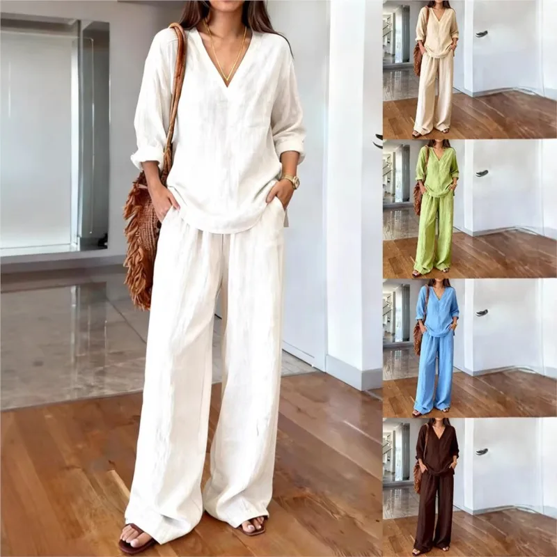 

Women's Linen Two Piece Set V Neck Sleeve Top Wide Leg Pants Casual Loose Fit Summer Beach Vacation Outfit Multiple Colors