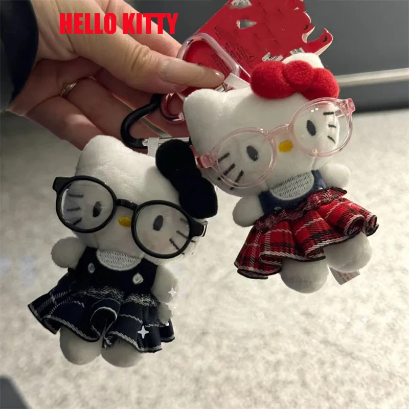 

Hello Kitty Wear Glasses Pendant Checkered Skirt Backpack Ornament Cartoon Keychain Cute Plush Doll Pendant Unique Girl Present