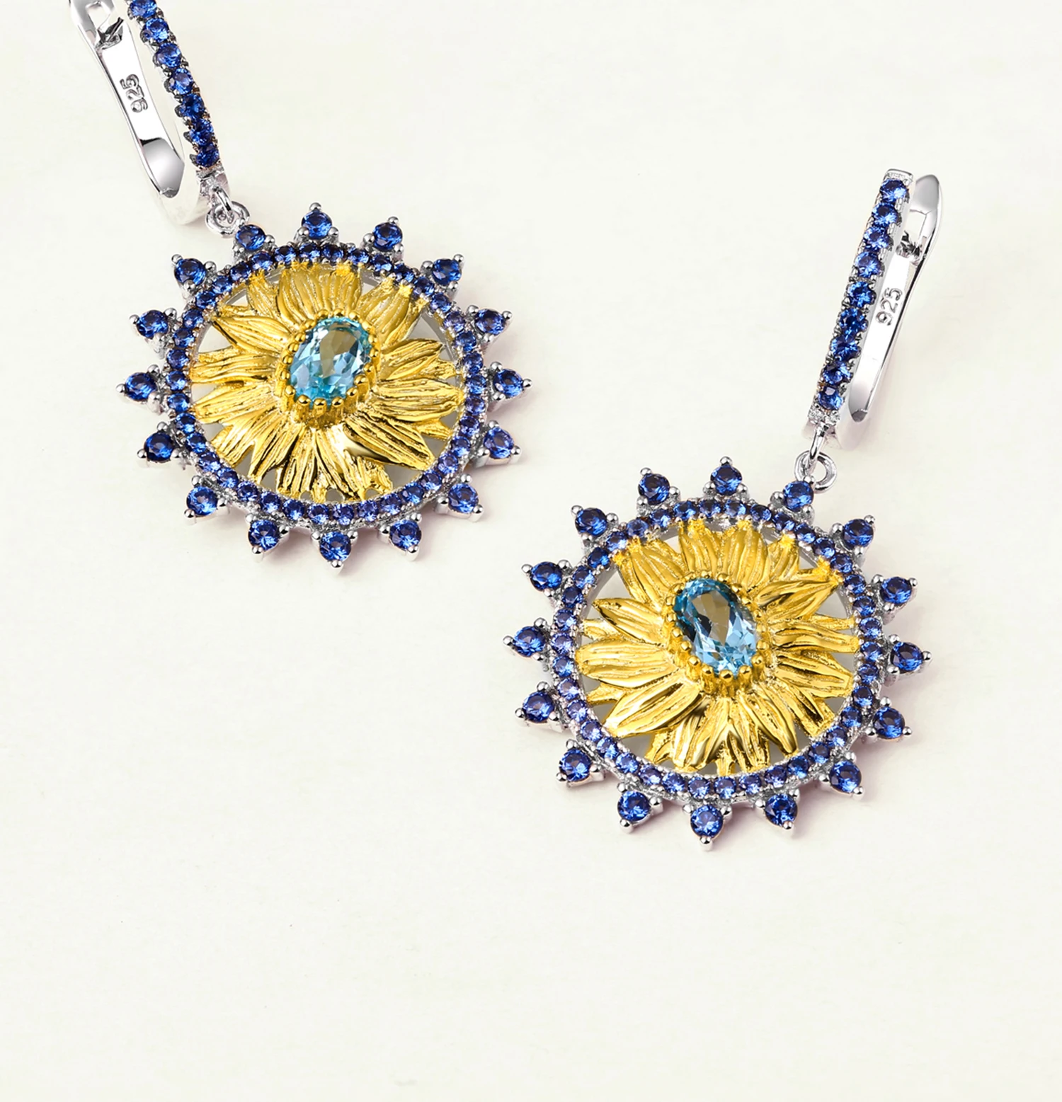 

GEM'S BALLET 1.20Ct Natural Swiss Blue Topaz Sunflower Drop Earrings 925 Sterling Silver Handmade Earrings for Women Brincos