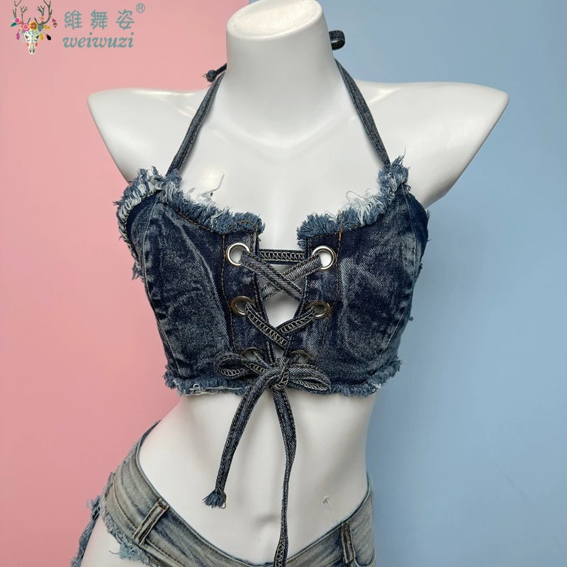 Conjuntos de Bikini vaquero con cordones para mujer, pantalones cortos vaqueros nuevos, traje de baño, Top de vaquero, juego en la playa, Bar, club nocturno, DJ, baile en barra, uniforme DS