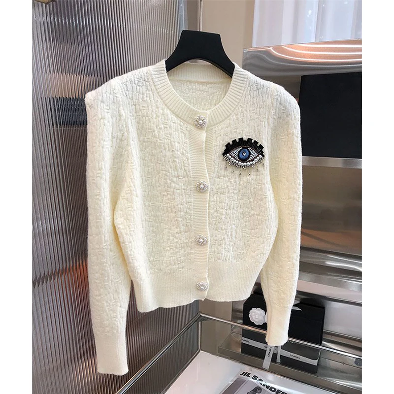 Embroidery Evil Eye Knit Cardigan Sweater Women Autumn Winter Long Sleeve Coat Tops High Quali Luxury Designer Brands Clothing