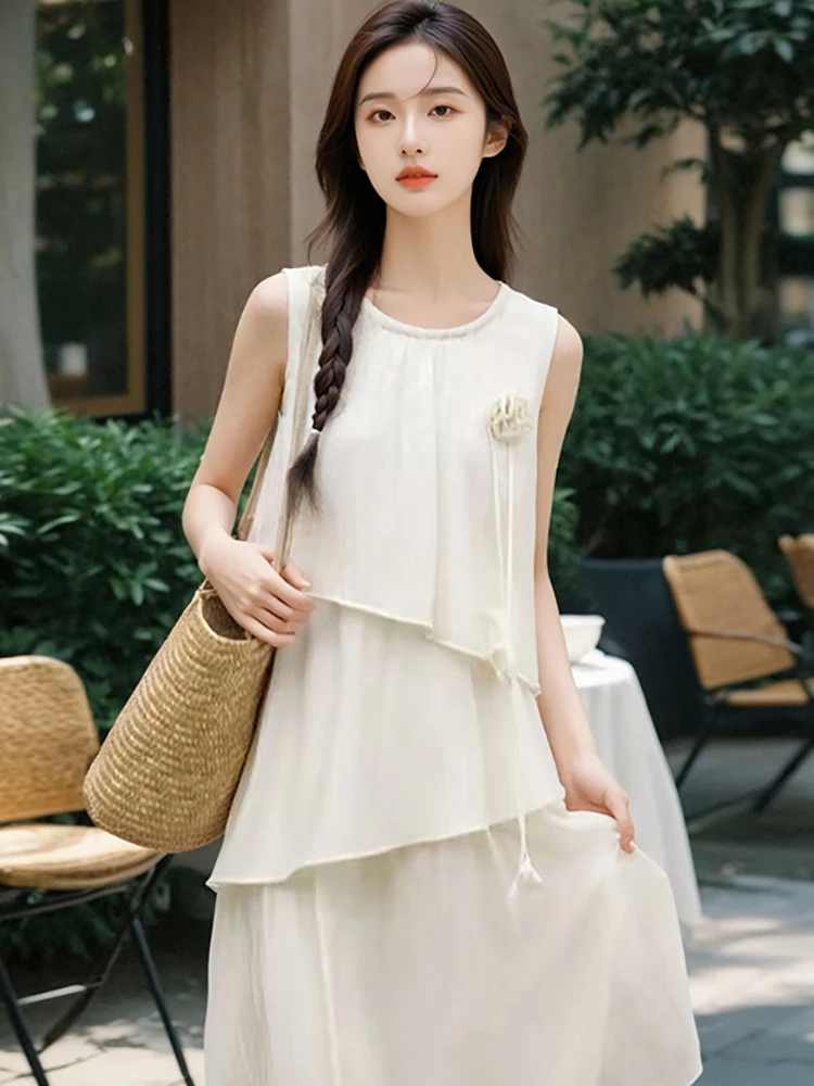 2025 branco retalhos babados casaul vestido de férias feminino elegante sem mangas bodycon vestido longo verão coreano vintage vestido de festa