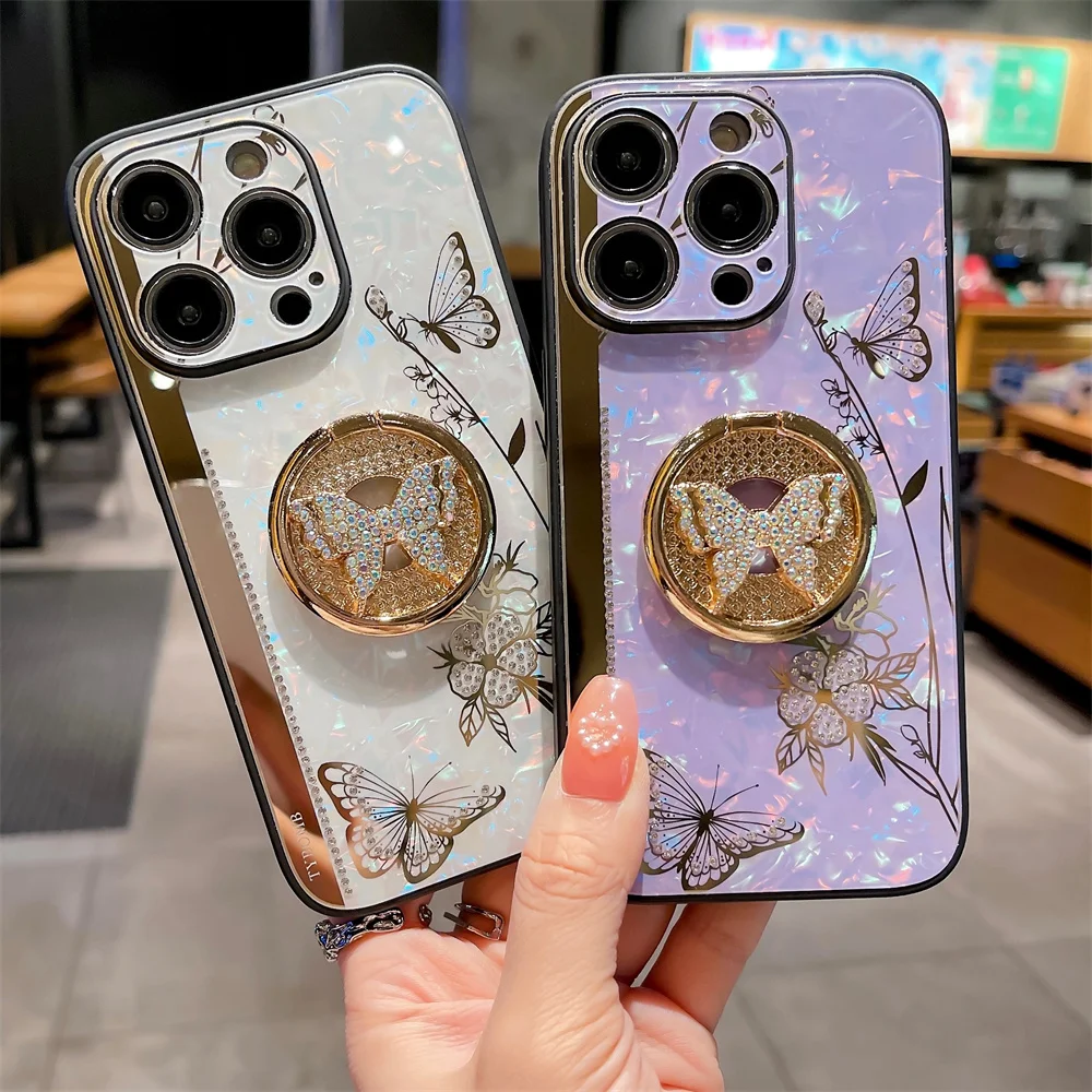 Luxury Butterfly Glitter Metal Ring Case for iPhone 15 Pro Max 7G 8G SE2 XR XS Max 11 12 13 Pro 14 Plus Girl Fancy Glossy Cover