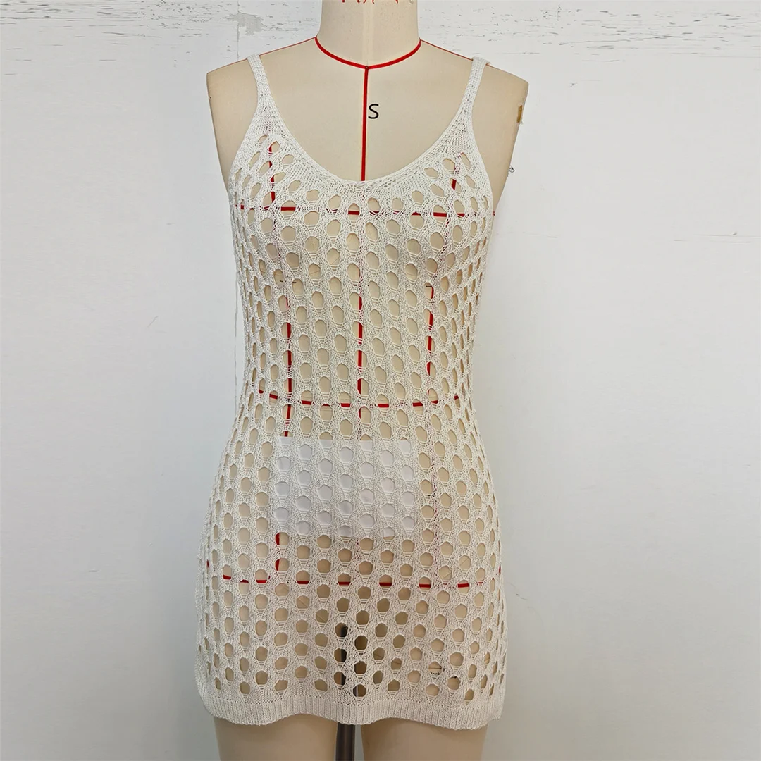 Ausgehöhlte, ärmellose, einfarbige, gehäkelte, gestrickte Tunika, Strand-Überwurf, Strandkleid, Strandmode, Damen V8246 – Detail 7