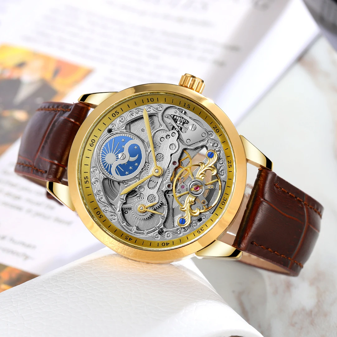 Forsining Retro Moon Phase Skeleton Automatic Watch for Men Luxury Brand Tourbillon Gold Mechanical Watches Brown Leather Strap