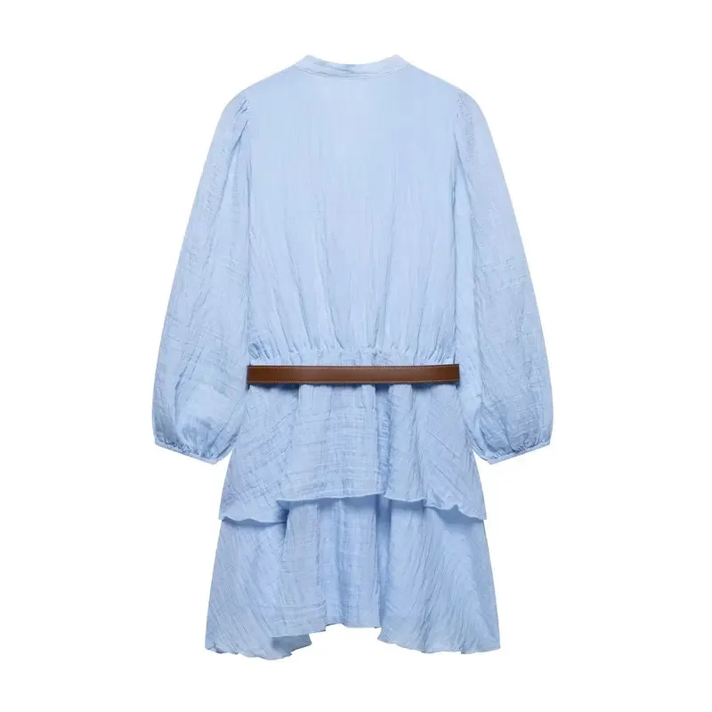 Moda casual feminina em camadas cor sólida com decote em v único breasted manga comprida faixa mini vestido nova moda 2025 vestido de verão