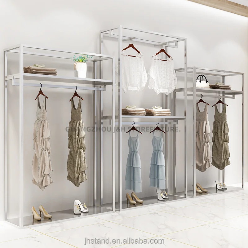 customized.Showroom design  stainless steel women dresses shop special clothes rack glossy sliver clothes stand garment display