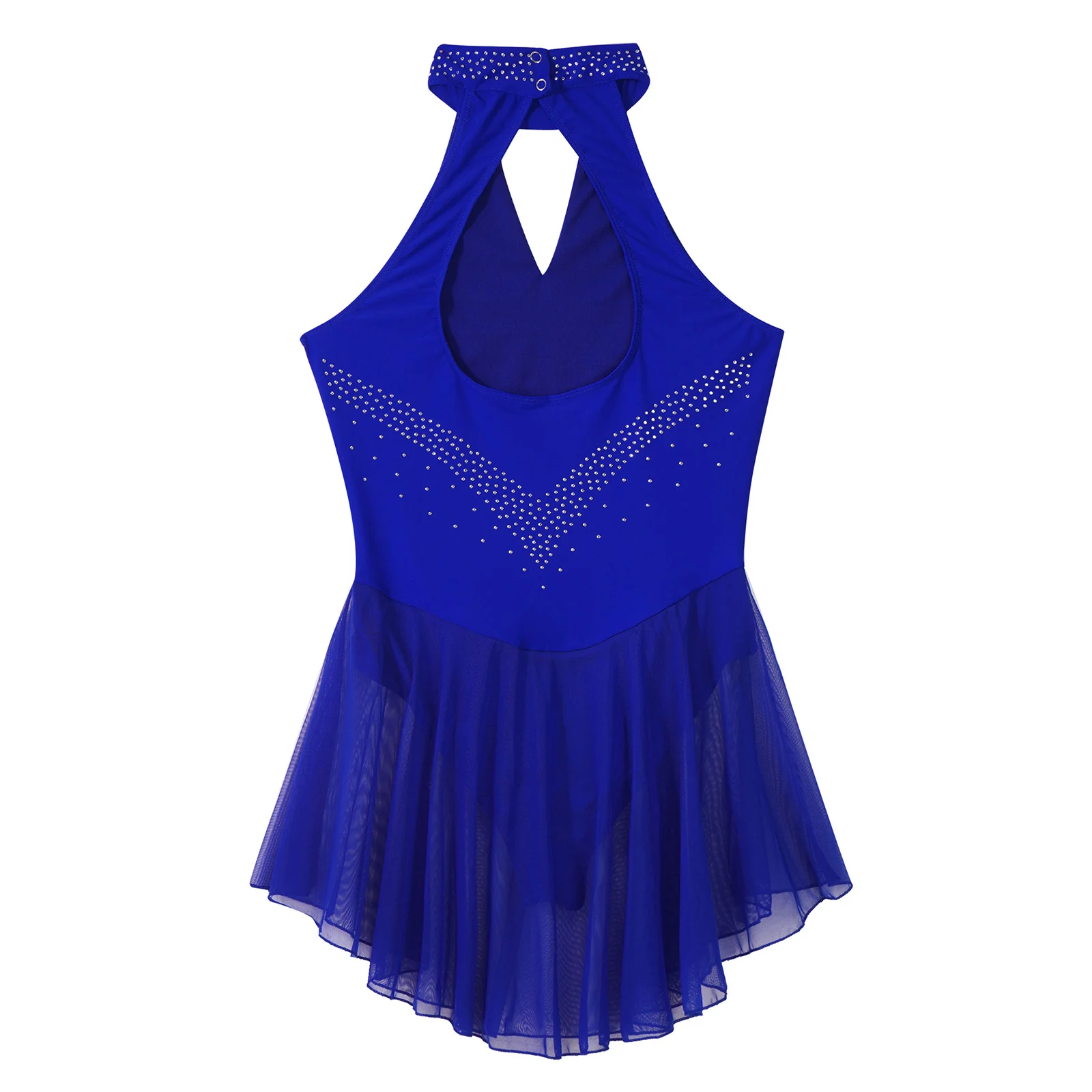 Women Rhinestone Halter Backless Figure Skating Dance Dress Gymnastics Skirted Leotard Dress Costumes