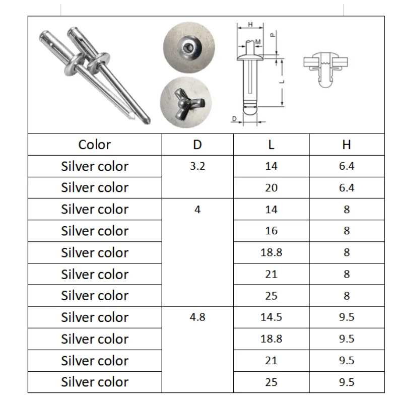 30/50pcs Silver Pop Folding Blind Rivet Aluminum Alloy Rivet Fold Type 3.2mm 4.0mm 4.8mm Steel Shank Mandrel Exhaust Rivets