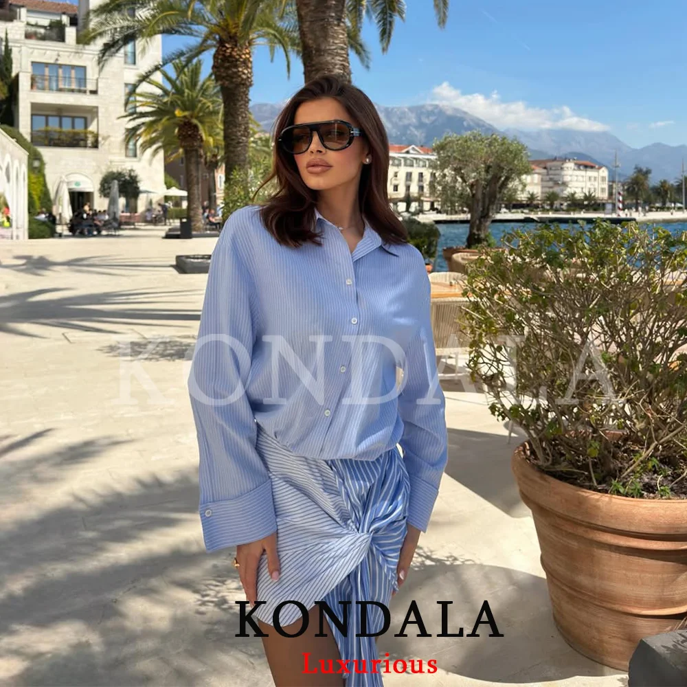 Vestido Casual Chic Elegante para Mujer KONDALA, Vestido a Rayas con Cuello de Solapa y Pliegues, Moda Primavera Verano 2026