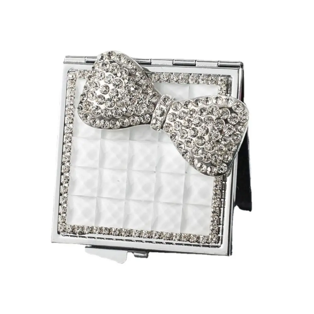 مرآة مكياج معدنية مربعة الشكل، مرآة محمولة على شكل فيونكة وردية، مرآة جيب كريستالية لطيفة للنساء