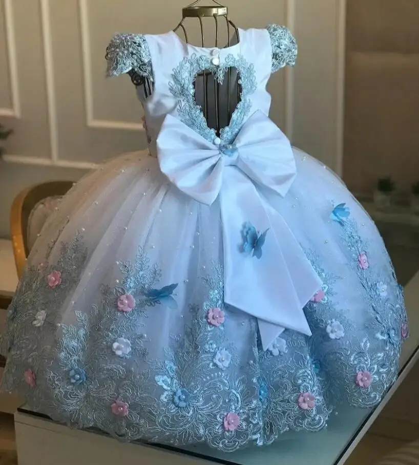 

Ball Gown Lace Pearls Flower Girl Dresses For Wedding Appliqued Keyhole Back Pageant Gowns Kid First Birthday Dress