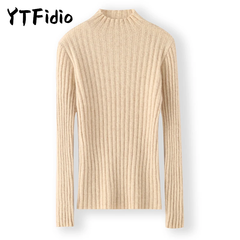 YTFidio Mink Cashmere Sweater Half high collar Pullover Women Vertical stripe Base Tops Outerwears Knitted Oversized 156