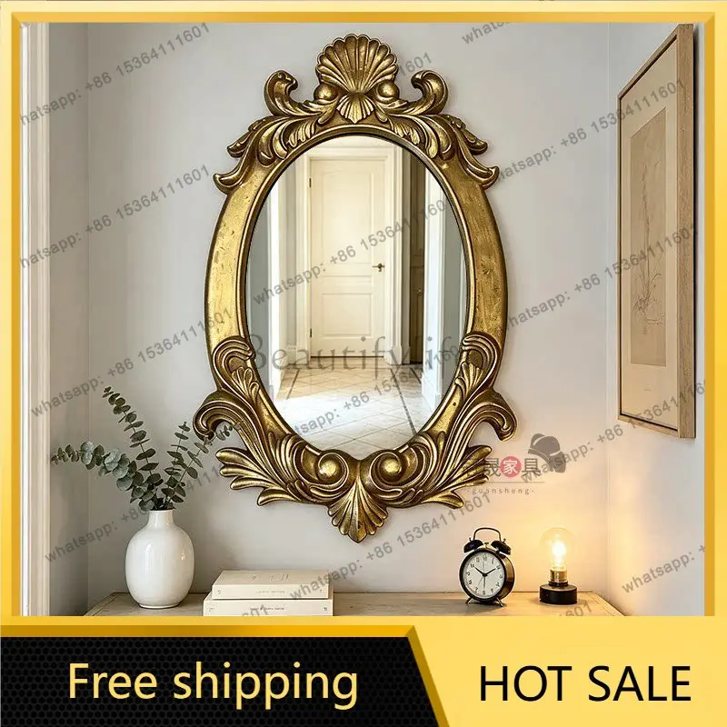 European retro bathroom mirror wall hanging porch carved decoration French oval makeup mirror