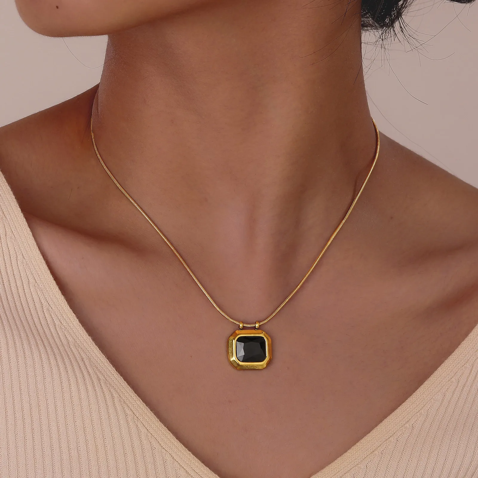 

Square Black/Green Glass Stone Necklace for Women, Round Snake Chain Stainless Steel Daily Party Gifts