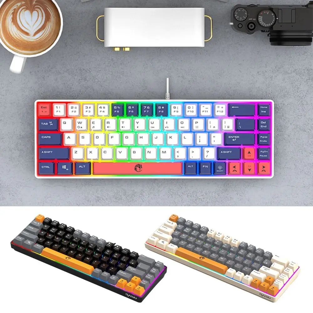 

New 68 Keys RAIKU K68 Keyboard Thai Keys Blue Switch Wired Keyboard Rainbow Color Luminous Gaming Mechanical Keyboard Office