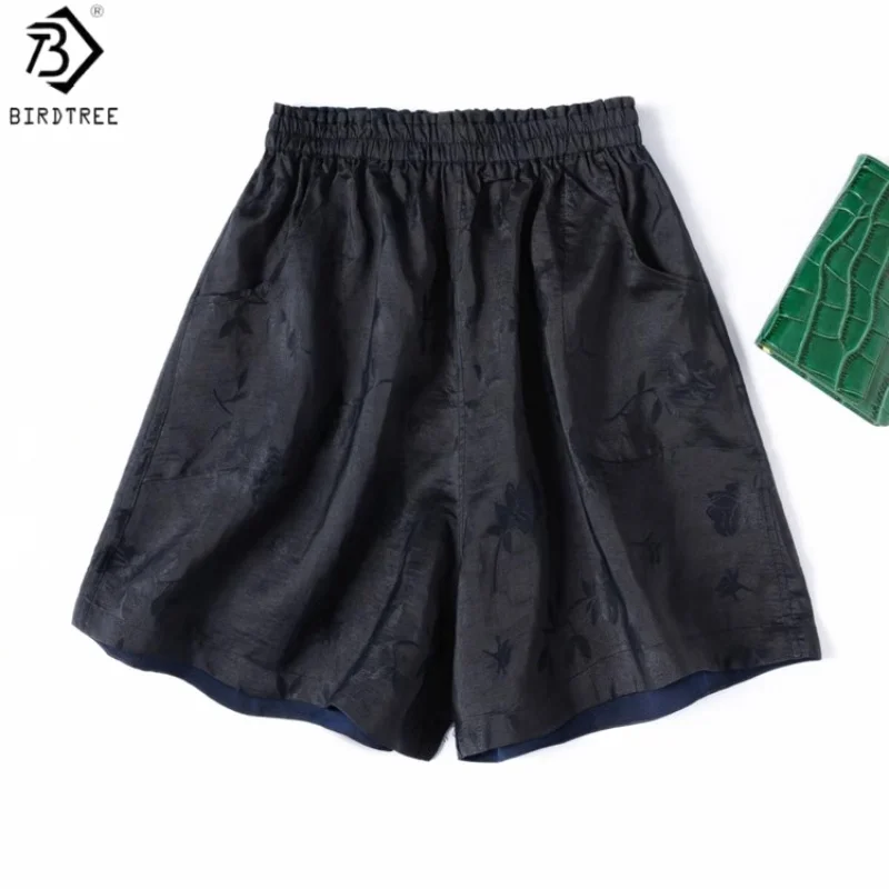 Birdtree Women's 100% Mulberry Silk Reversible Shorts,Jacquard Craquelure Elastic Waist Black Loose Shorts,2025 New P56631JF