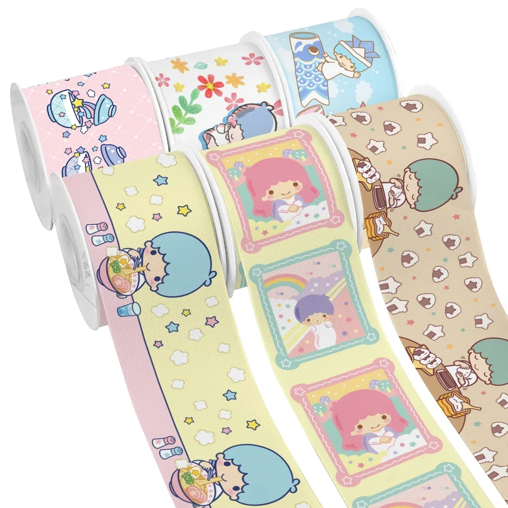 Sanrio Cartoon Little Twin Star Pattern Printed Grosgrain Satin Ribbon for Gift Wrapping Hair Bow Craft Accessory 50 Yards