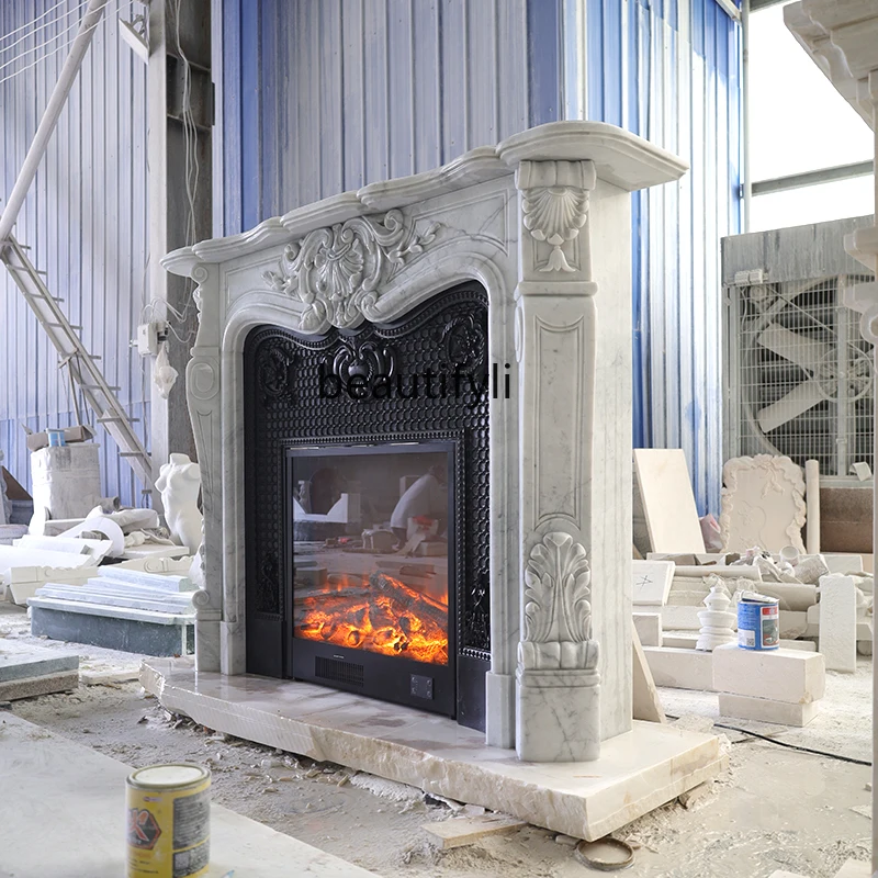 

Marble fireplace stone carving European-style relief decorative cabinet Carrara fireplace rack customization