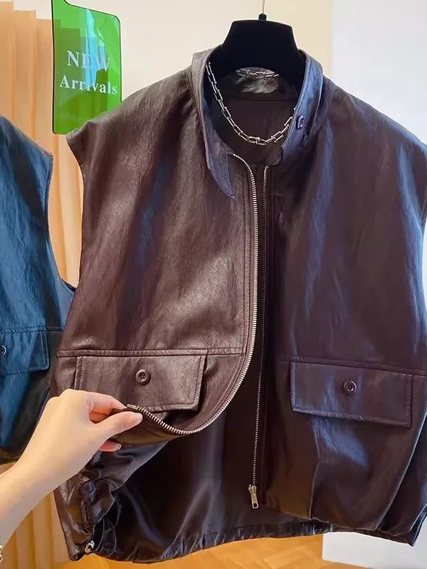 

Кожаный жилет из искусственной кожи для мотоциклистов, размер 300, в американском уличном стиле, с завышенной талией, весна-осень, верхняя одежда
