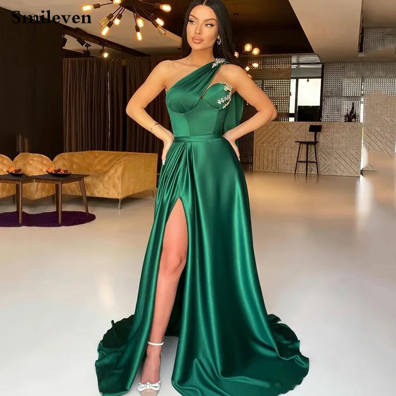 

Smileven A Line Green satin One Shoulder Formal Evening Dress Lace Appliqued Prom Dresses Side Split New Celebrity Party Gowns