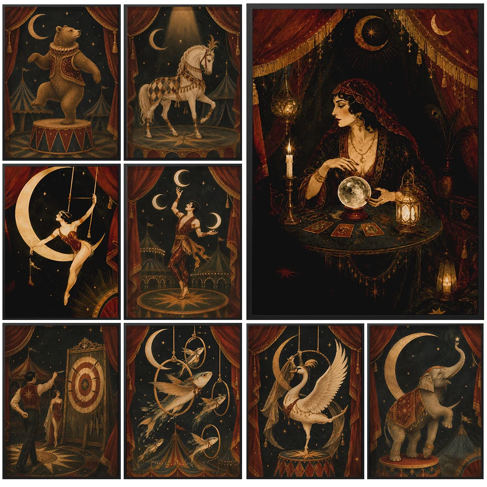 Antique Sepia Dark Carnival Canvas Poster Vintage Circus Acrobat Animal Magician Crescent Moon Star Dark Academia Wall Art
