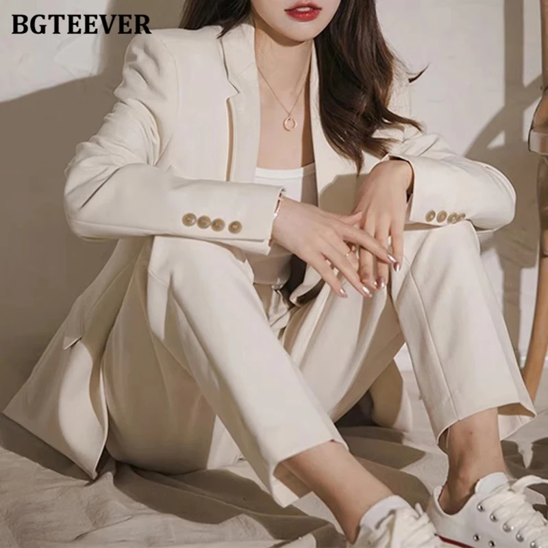 

BGTEEVER Office Ladies 2 Pieces Blazer Set Long Sleeve Single Button Jackets & Wide Leg Trousers New Autumn Women Trousers Suits