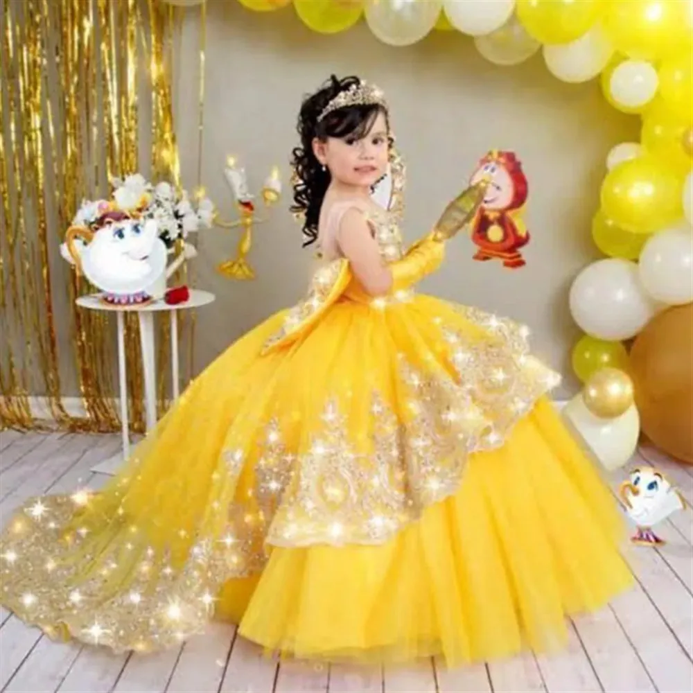 

Luxury Flower Girl Wedding Dress Appliques Lace Beaded Sleeveless Bow Princess Birthday Party Pageant First Communion Ball Gown
