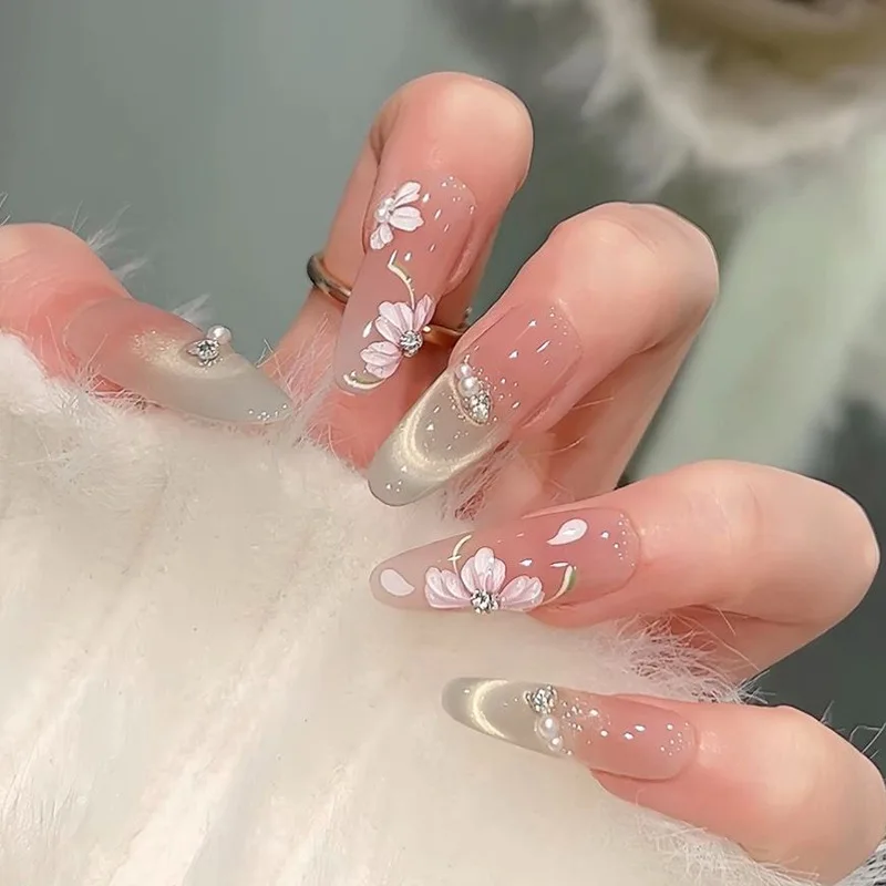 24pcs Flower Cat's Eye False Nails Tips Wearable Long Almond Smudge Pink Press on Nails Oval with Diamond Pearl Blush Fake Nail