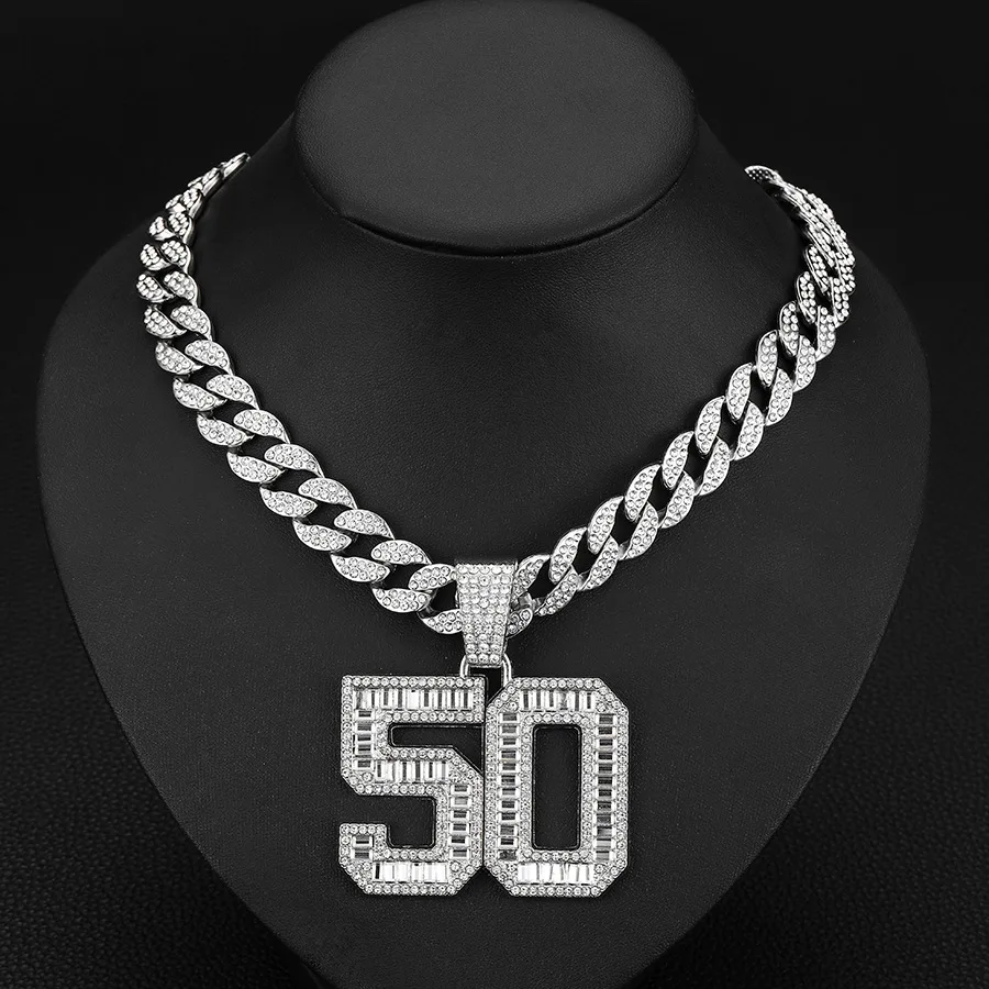

Hip Hop Number 50 Pendant Necklace for Men and Women with 15mm Rhinestone Cuban Chain Hip Hop Ice Crystal Shiny Necklace Fashion