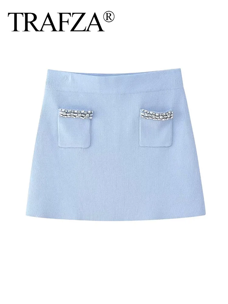 

TRAFZA Female Elegant Slim Short Skirts Blue High Waist Rhinestones Pockets Decorate Summer Mini Skirts Woman 2024 Trendy