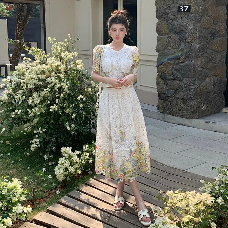 Elegant Lace Two Piece Set Women Top and Skirt Embroidery Matching Set Spring Summer