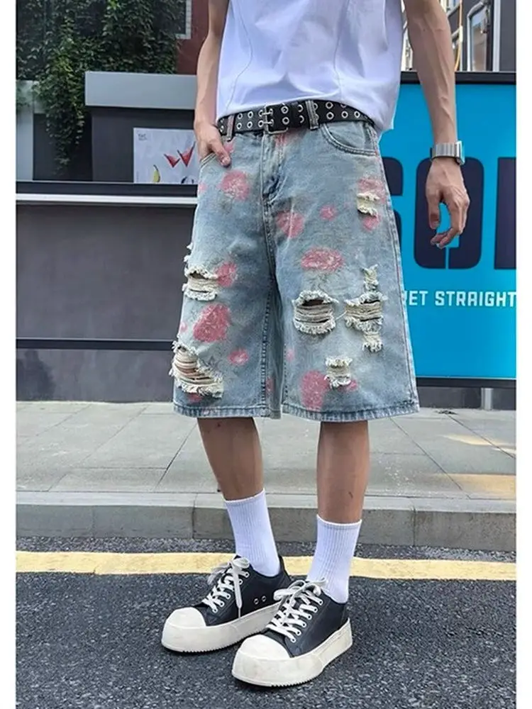 

Floral Print Hole Denim Shorts Men's Summer Thin American High Street Vibe Trendy Brand Five-Quarter Mid-Pay Pants